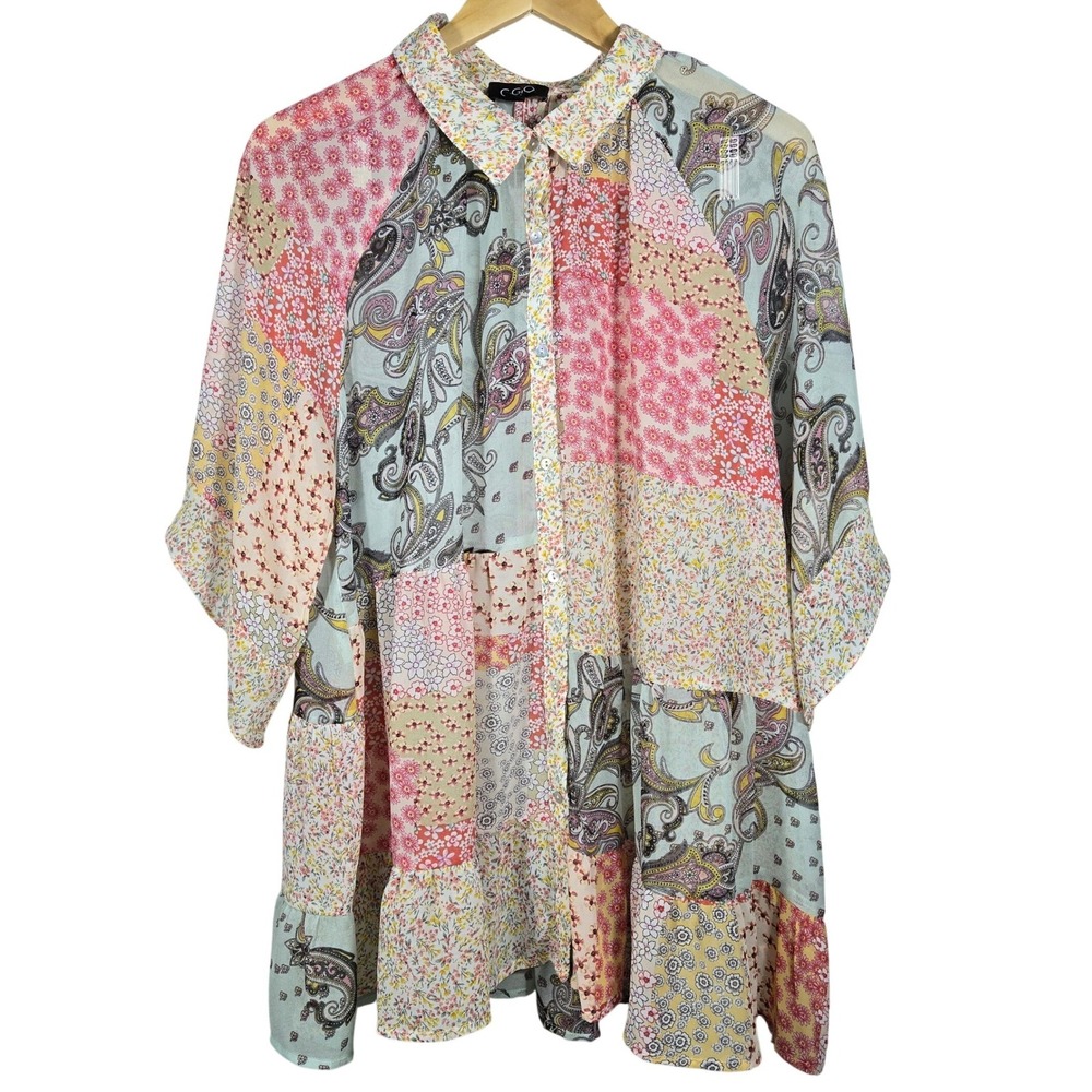 Gigio USA Patchwork Paisley Floral Button Down Sheer Tunic‎ Shirt TC2569 Medium